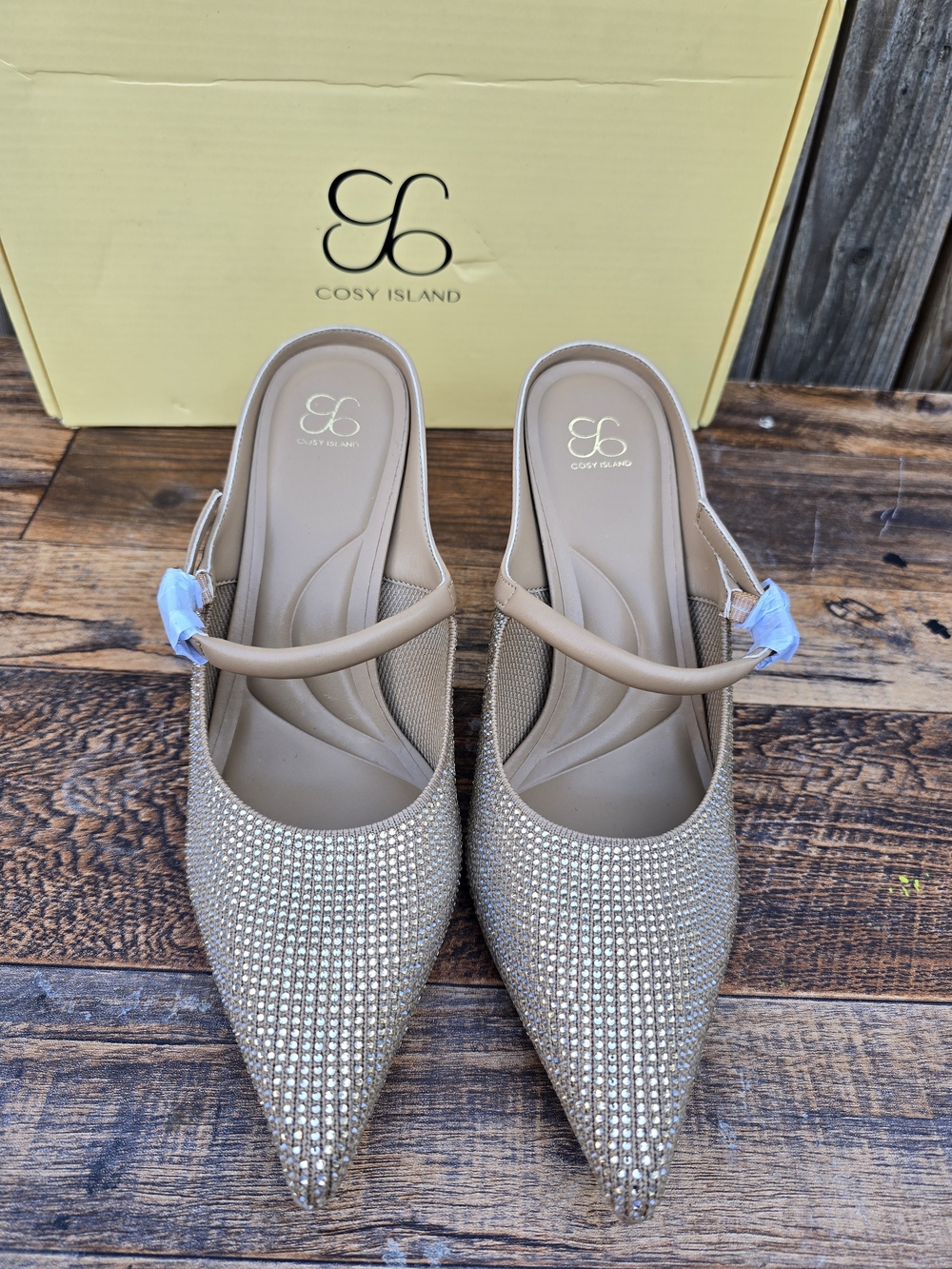 Cozy Island Embellished Pointed Toe Slingback Heels in Taupe Size 7